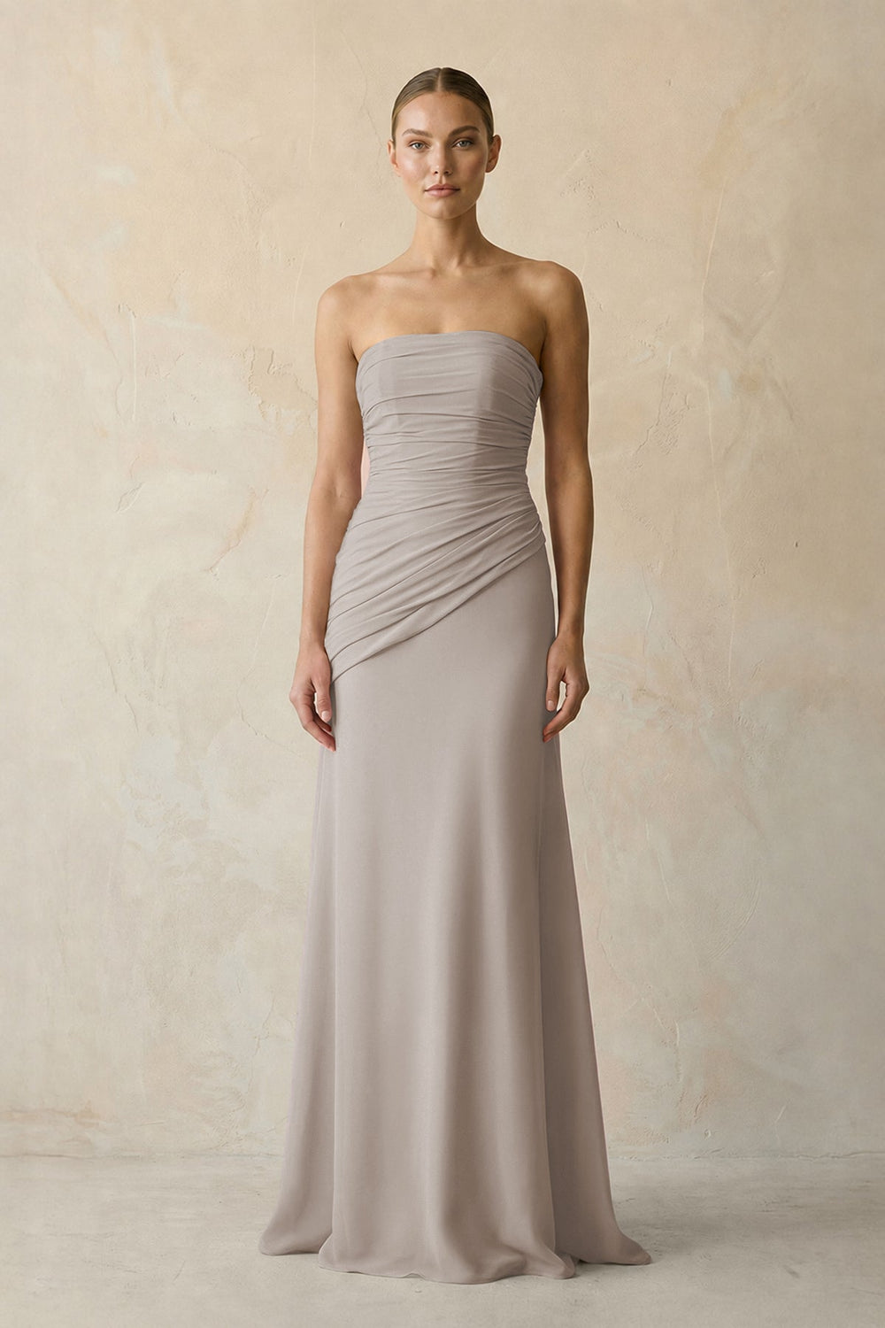 Sheath Chiffon Strapless Pleated Bridesmaid Dress in Frost