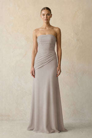 Sheath Chiffon Strapless Pleated Bridesmaid Dress in Frost | KISSBRIDAL