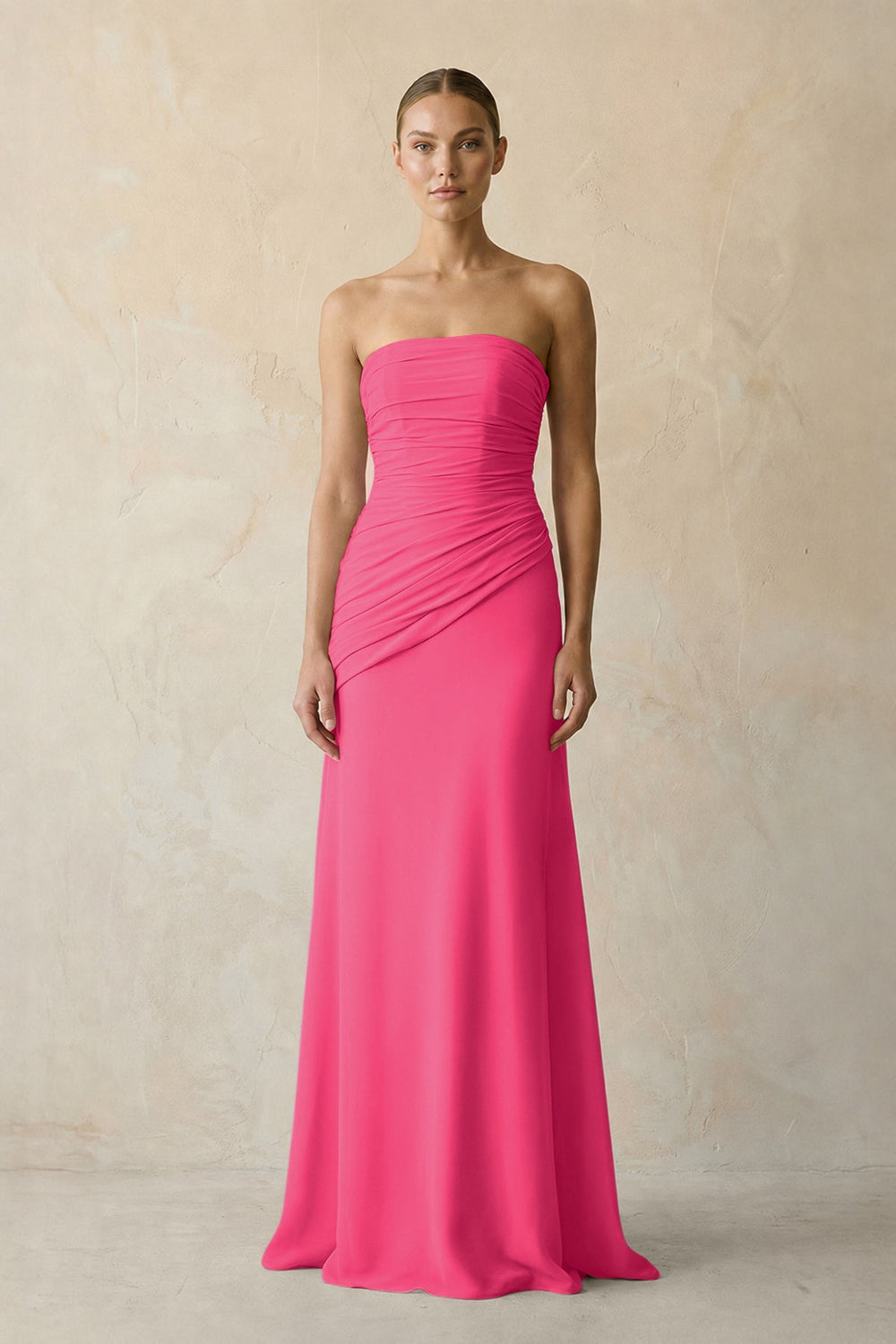 Sheath Chiffon Strapless Pleated Bridesmaid Dress in Fuchsia