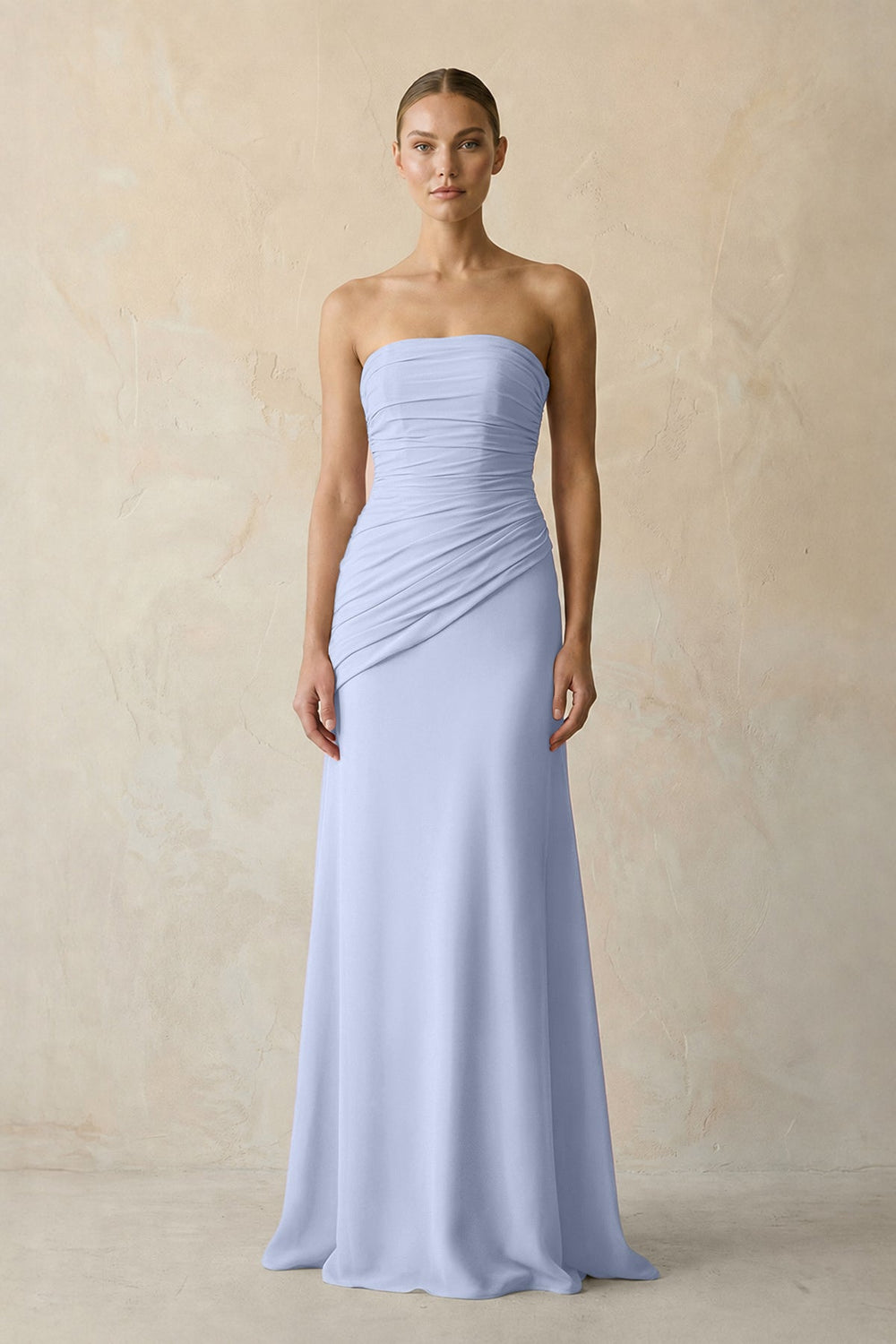 Sheath Chiffon Strapless Pleated Bridesmaid Dress in Ice
