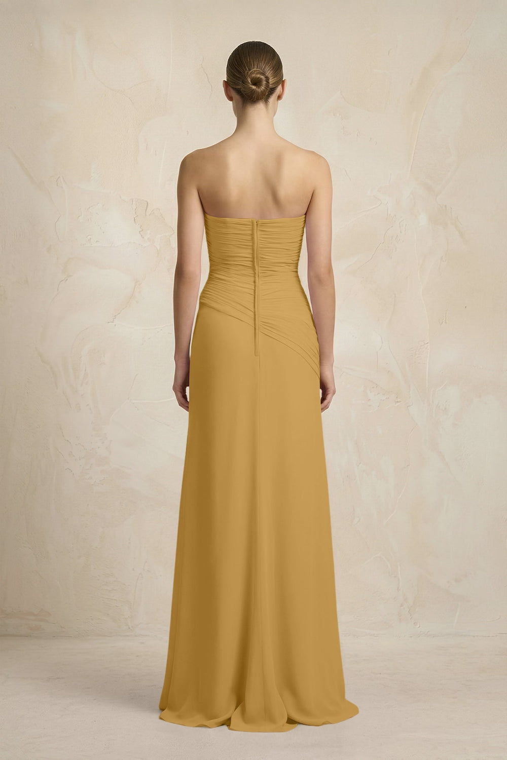 Sheath Chiffon Strapless Pleated Bridesmaid Dress in Marigold