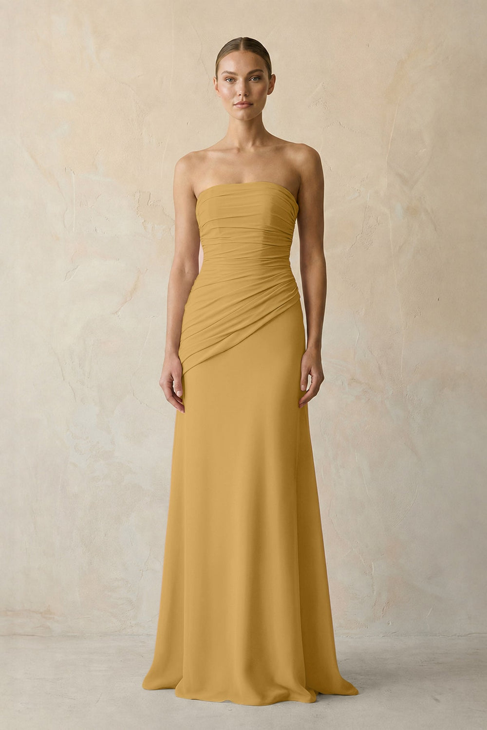Sheath Chiffon Strapless Pleated Bridesmaid Dress in Marigold