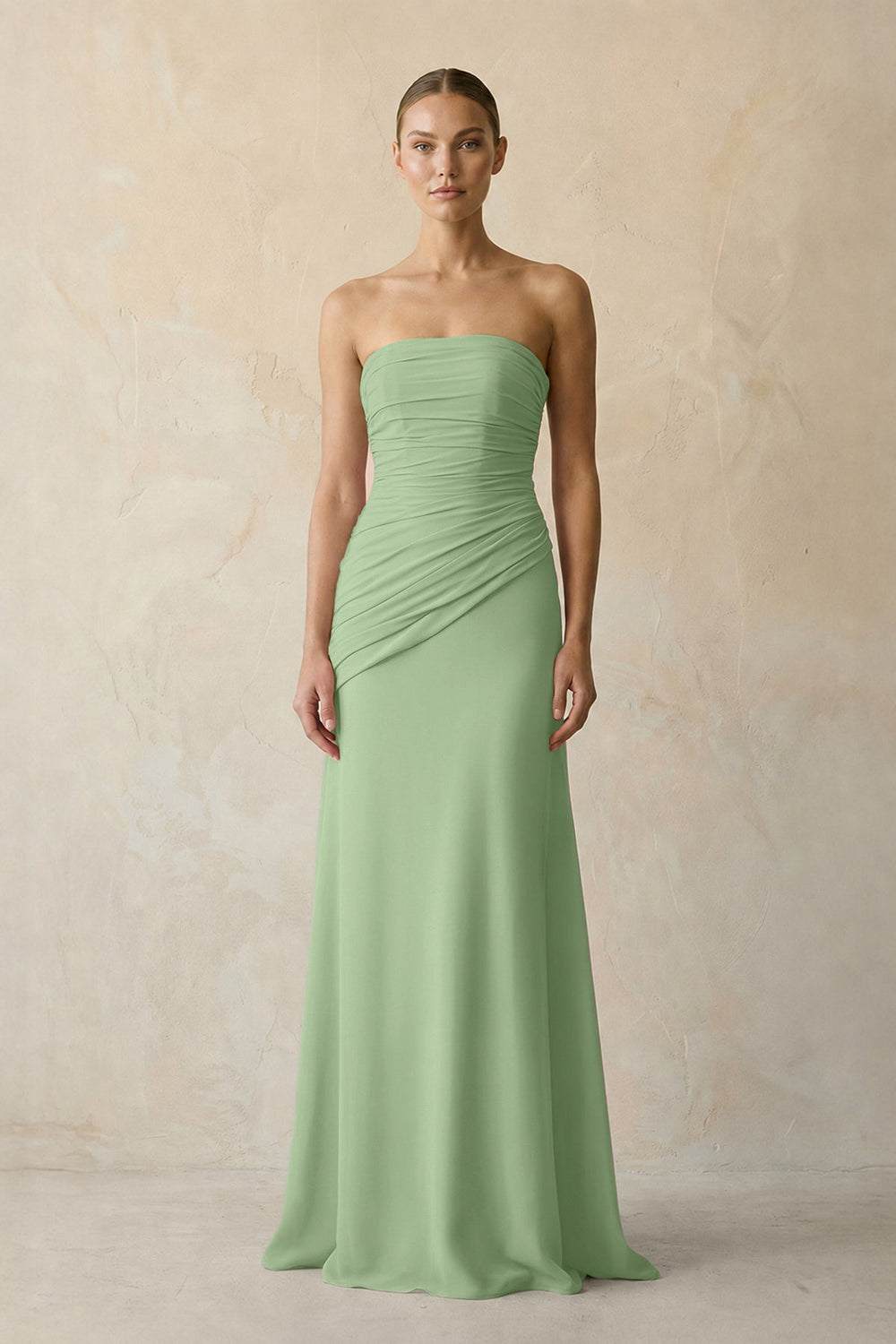 Sheath Chiffon Strapless Pleated Bridesmaid Dress in Matcha