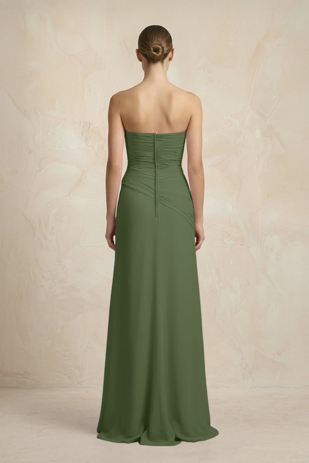 Sheath Chiffon Strapless Pleated Bridesmaid Dress in Moss