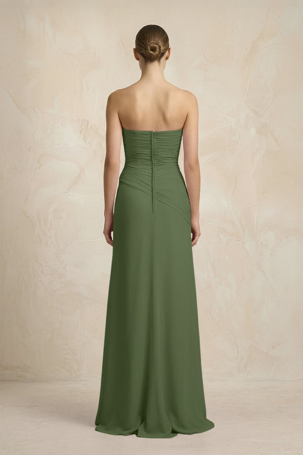 Sheath Chiffon Strapless Pleated Bridesmaid Dress in Moss (2) | KISSBRIDAL