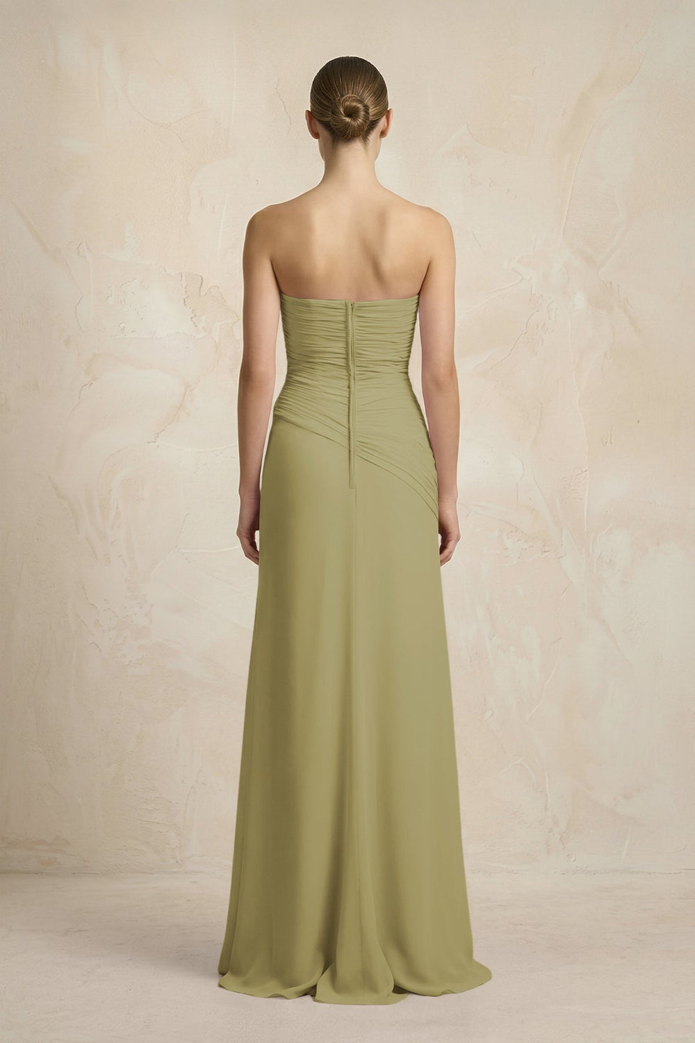 Sheath Chiffon Strapless Pleated Bridesmaid Dress in Moss Green
