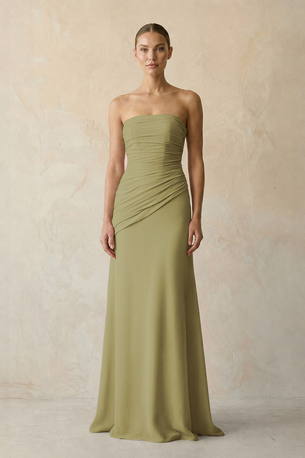 Sheath Chiffon Strapless Pleated Bridesmaid Dress in Moss Green