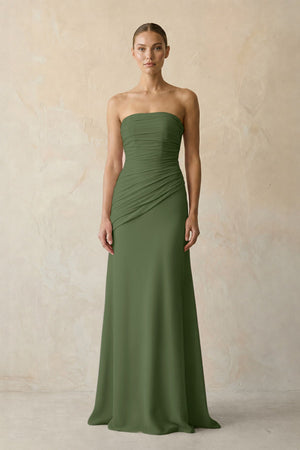 Sheath Chiffon Strapless Pleated Bridesmaid Dress in Moss | KISSBRIDAL