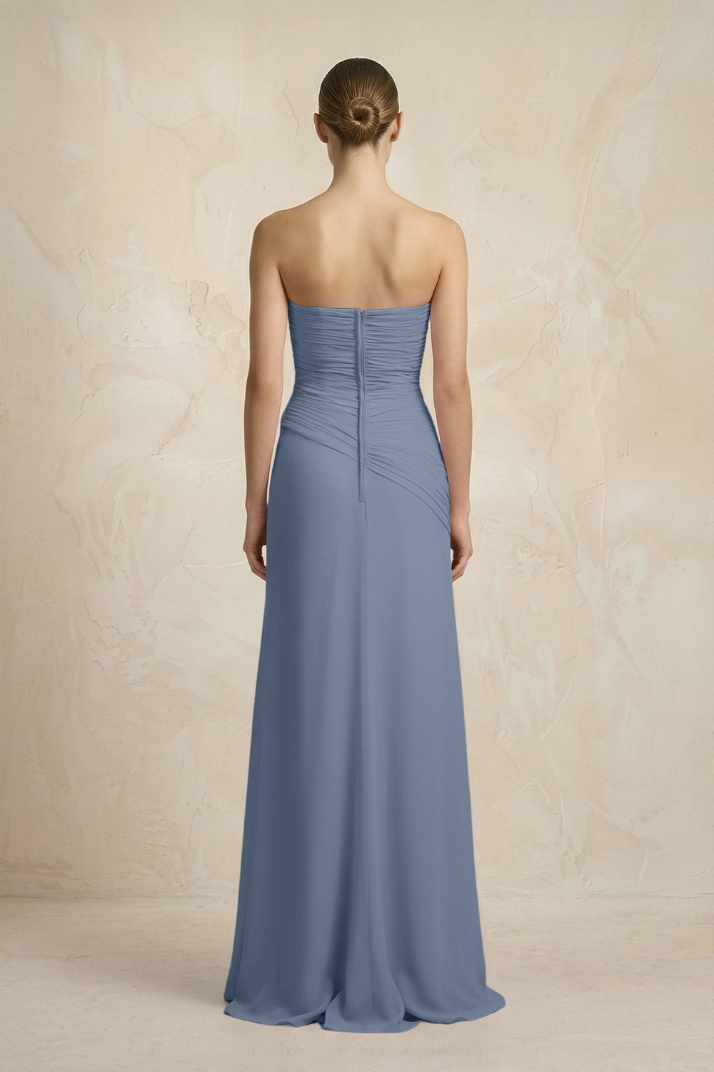 Sheath Chiffon Strapless Pleated Bridesmaid Dress in Neptune
