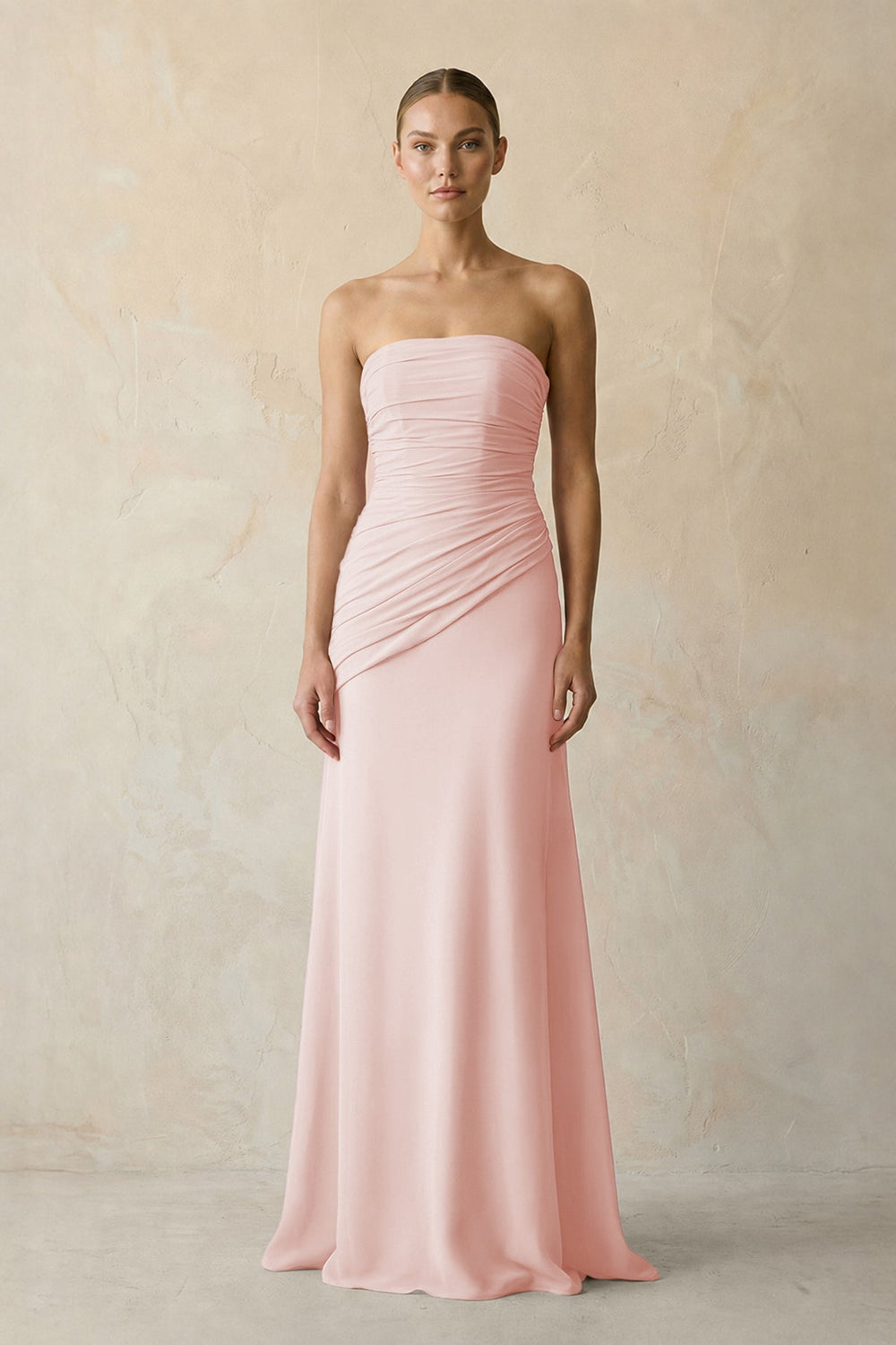Sheath Chiffon Strapless Pleated Bridesmaid Dress in Rose Petal