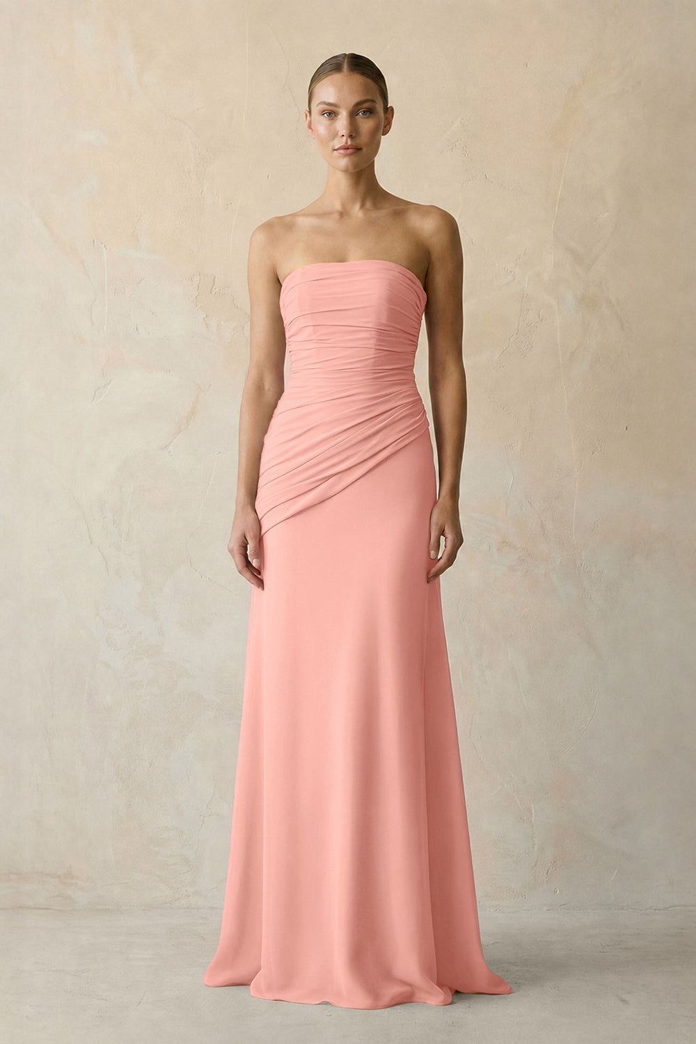 Sheath Chiffon Strapless Pleated Bridesmaid Dress in Rosette