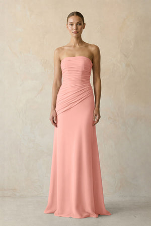 Sheath Chiffon Strapless Pleated Bridesmaid Dress in Rosette | KISSBRIDAL