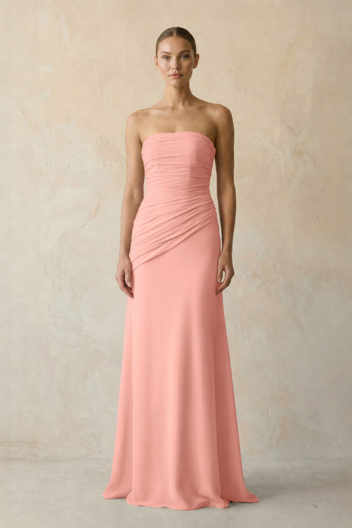 Sheath Chiffon Strapless Pleated Bridesmaid Dress in Rosette | KISSBRIDAL
