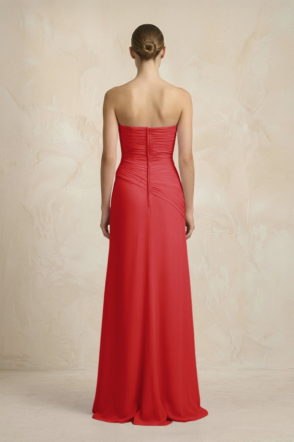 Sheath Chiffon Strapless Pleated Bridesmaid Dress in Ruby Red