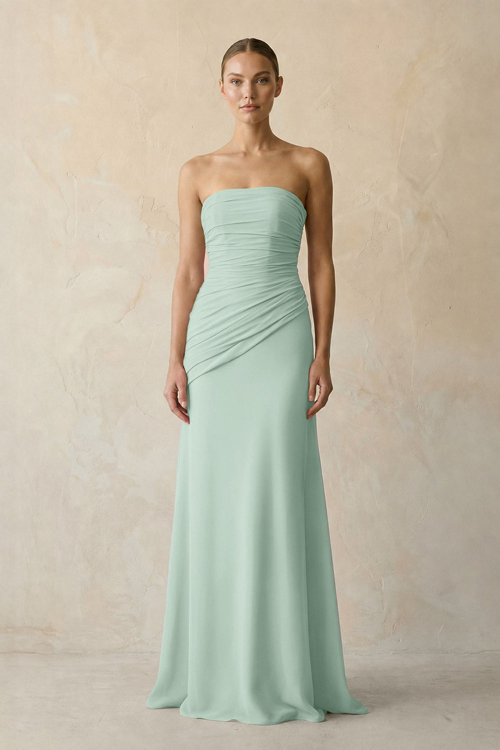 Sheath Chiffon Strapless Pleated Bridesmaid Dress in Sage