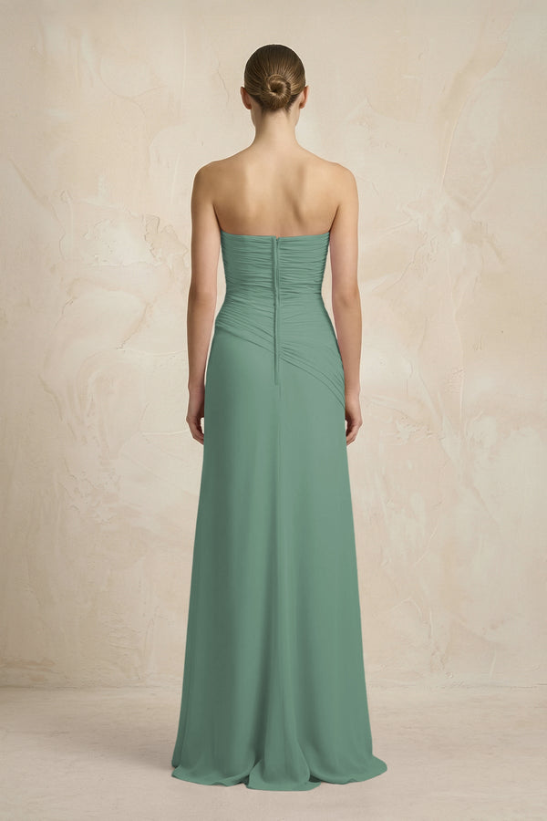 Sheath Chiffon Strapless Pleated Bridesmaid Dress in Sea Glass (2) | KISSBRIDAL