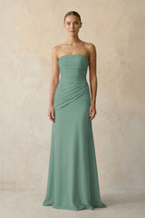 Sheath Chiffon Strapless Pleated Bridesmaid Dress in Sea Glass | KISSBRIDAL