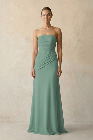 Sheath Chiffon Strapless Pleated Bridesmaid Dress in Sea Glass | KISSBRIDAL