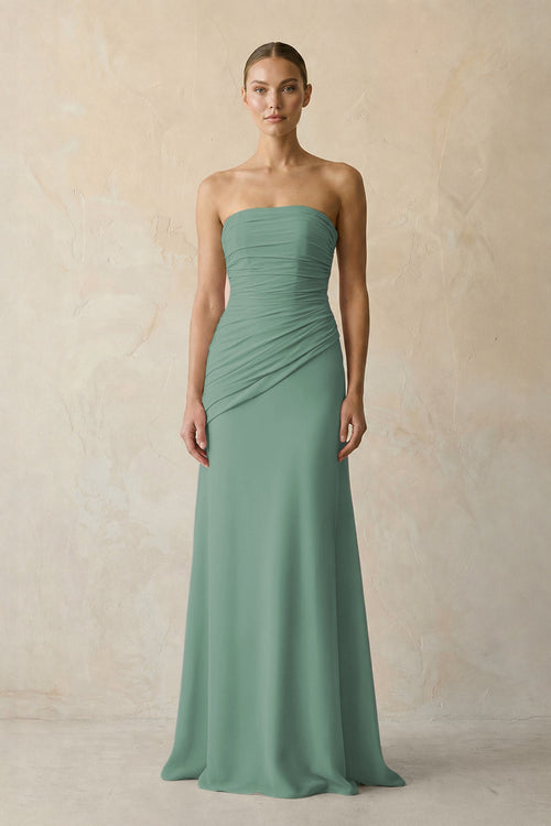 Sheath Chiffon Strapless Pleated Bridesmaid Dress in Sea Glass | KISSBRIDAL