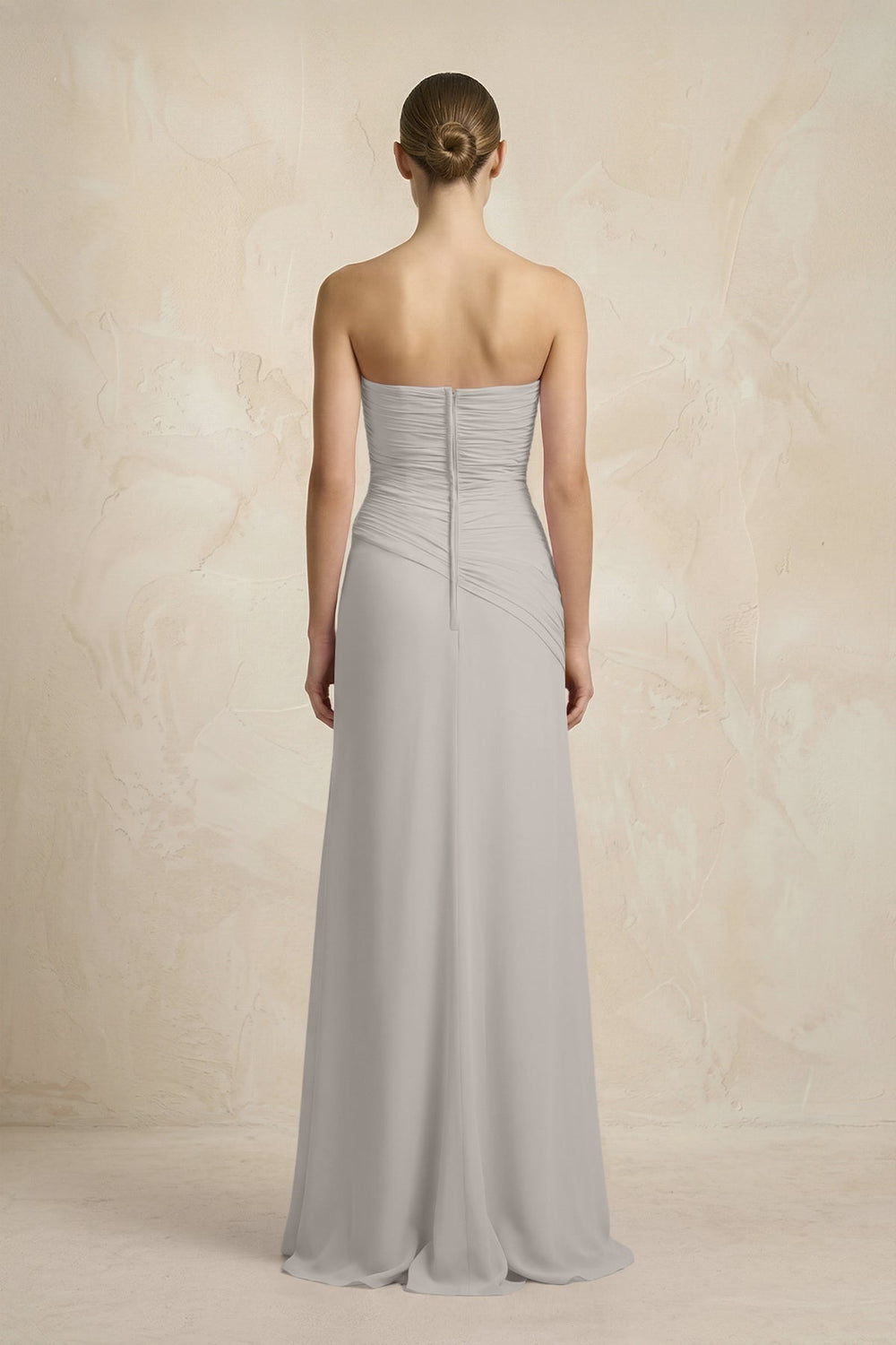 Sheath Chiffon Strapless Pleated Bridesmaid Dress in Silver