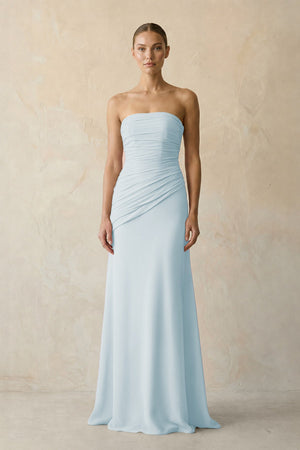 Sheath Chiffon Strapless Pleated Bridesmaid Dress in Sky Blue | KISSBRIDAL