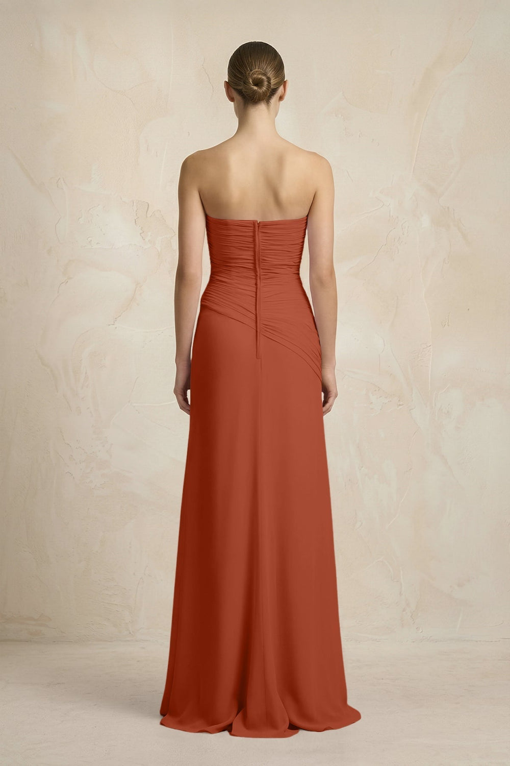Sheath Chiffon Strapless Pleated Bridesmaid Dress in Spice