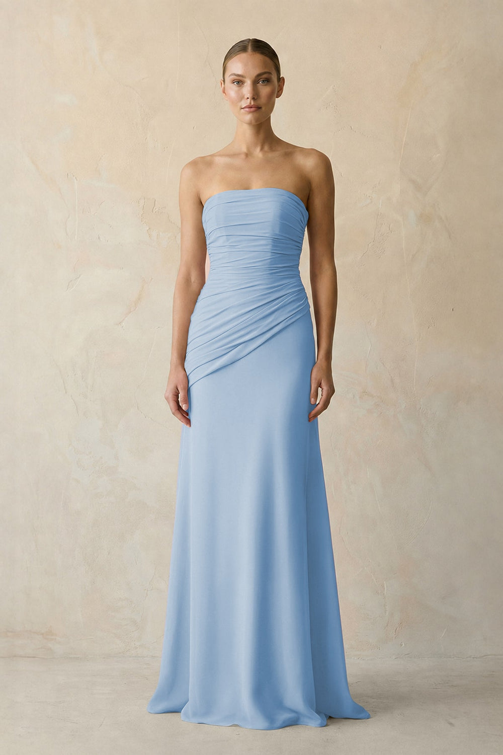 Sheath Chiffon Strapless Pleated Bridesmaid Dress in Steel Blue