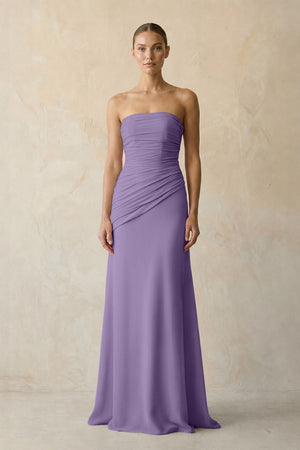Sheath Chiffon Strapless Pleated Bridesmaid Dress in Tahiti | KISSBRIDAL