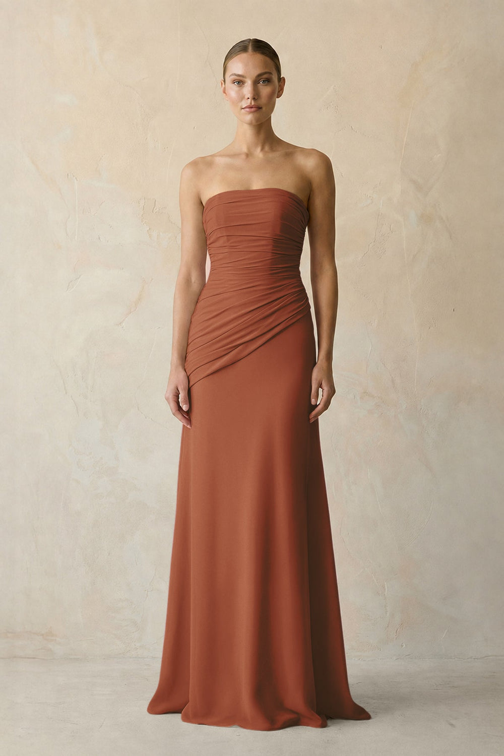 Sheath Chiffon Strapless Pleated Bridesmaid Dress in Terracotta
