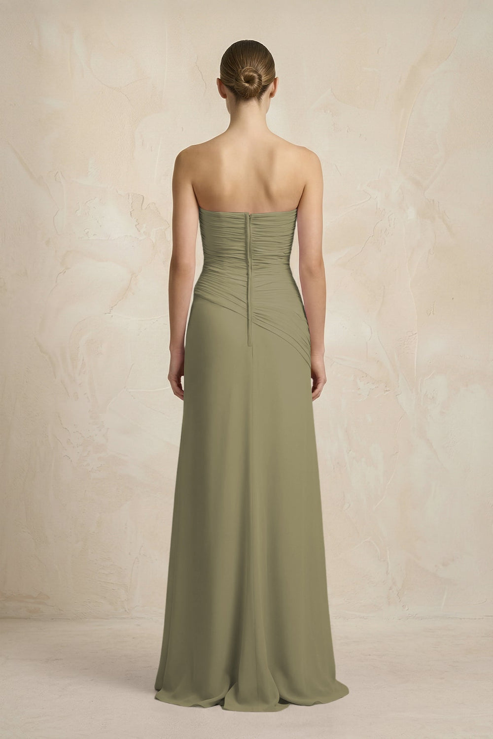 Sheath Chiffon Strapless Pleated Bridesmaid Dress in Thyme