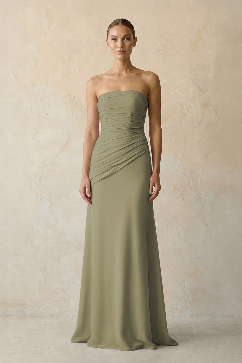 Sheath Chiffon Strapless Pleated Bridesmaid Dress in Thyme
