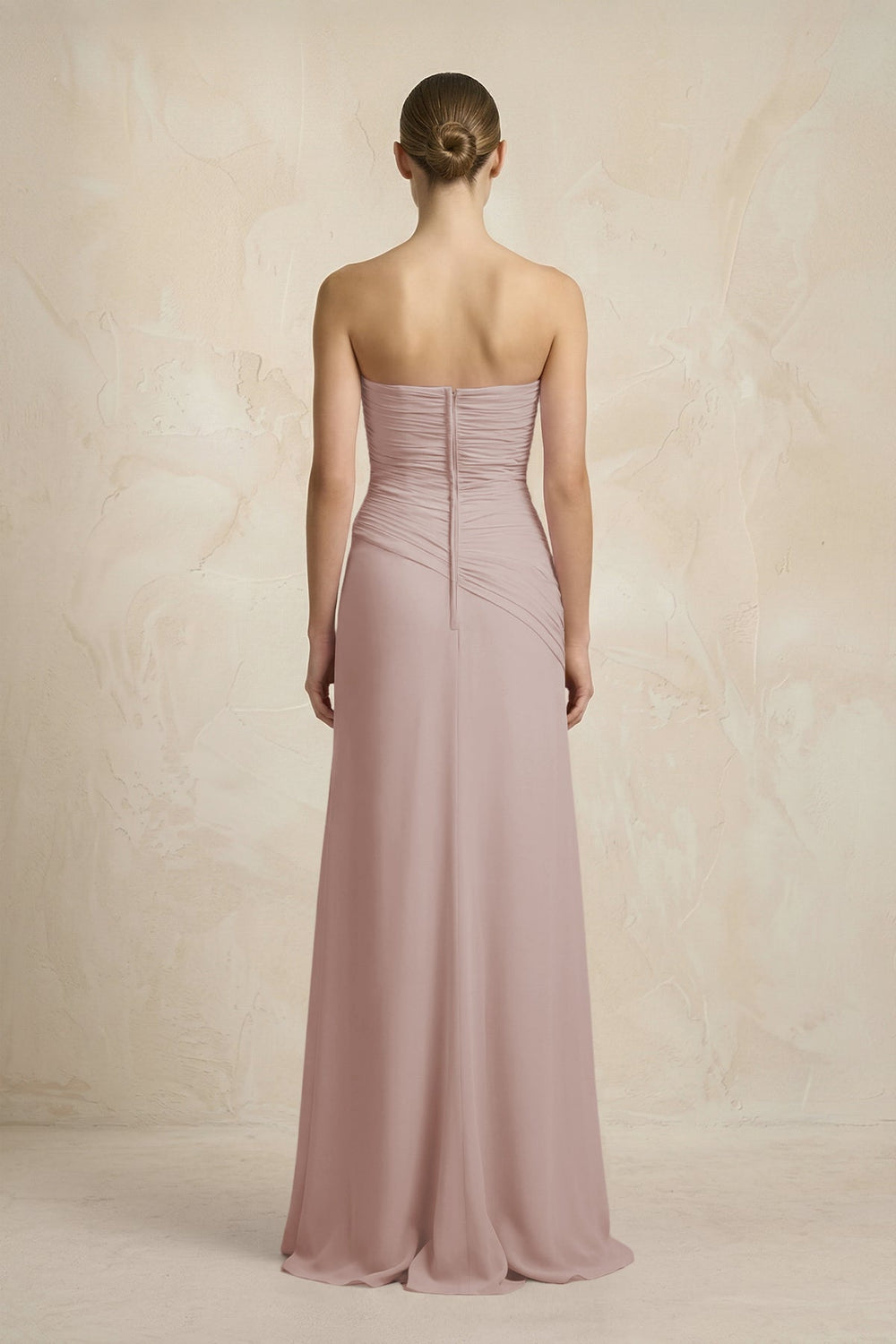Sheath Chiffon Strapless Pleated Bridesmaid Dress in Toffee