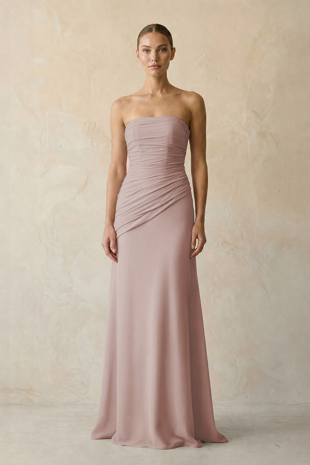 Sheath Chiffon Strapless Pleated Bridesmaid Dress in Toffee