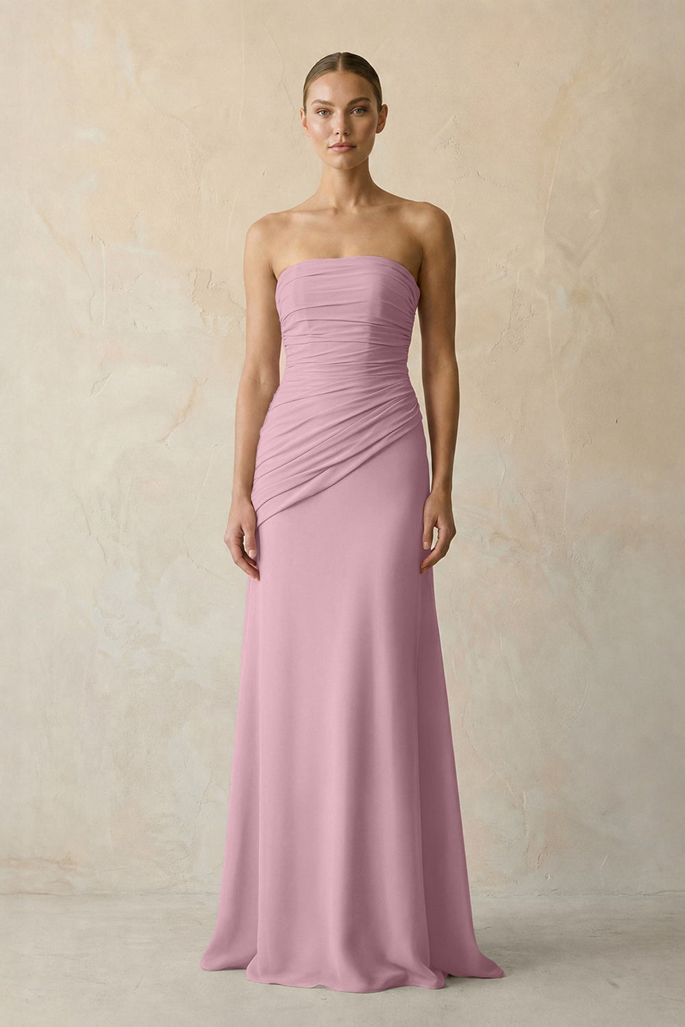 Sheath Chiffon Strapless Pleated Bridesmaid Dress in Vintage Mauve