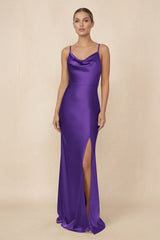 Sheath Cowl Neck Satin Bridesmaid Dress With Slit in Amethyst - KISS BRIDAL Bridesmaid Dresses