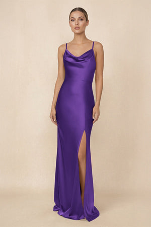 Sheath Cowl Neck Satin Bridesmaid Dress With Slit in Amethyst - KISS BRIDAL Bridesmaid Dresses