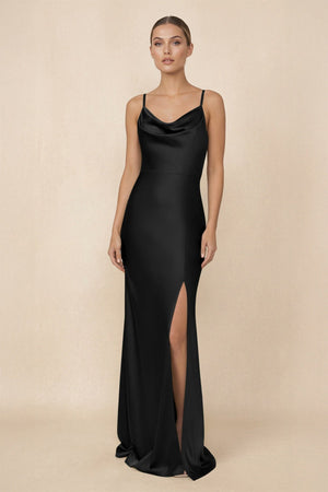Sheath Cowl Neck Satin Bridesmaid Dress With Slit in Black - KISS BRIDAL Bridesmaid Dresses