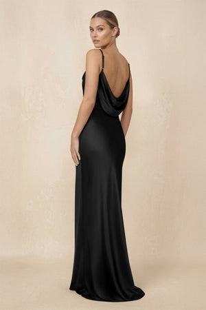 Sheath Cowl Neck Satin Bridesmaid Dress With Slit in Black - KISS BRIDAL Bridesmaid Dresses