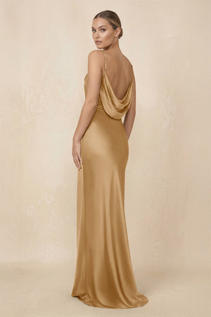 Sheath Cowl Neck Satin Bridesmaid Dress With Slit in Bronzer - KISS BRIDAL Bridesmaid Dresses