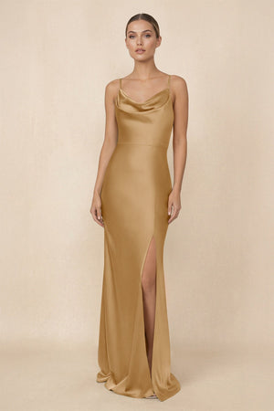 Sheath Cowl Neck Satin Bridesmaid Dress With Slit in Bronzer - KISS BRIDAL Bridesmaid Dresses