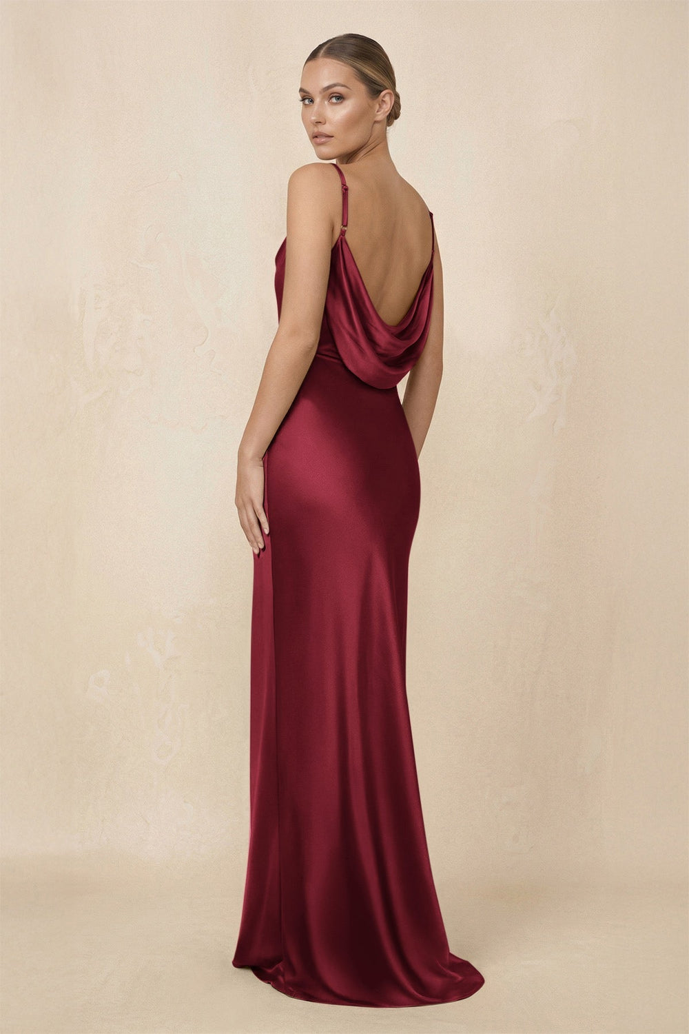 Sheath Cowl Neck Satin Bridesmaid Dress With Slit in Burgundy