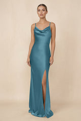 Sheath Cowl Neck Satin Bridesmaid Dress With Slit in Dark Teal - KISS BRIDAL Bridesmaid Dresses
