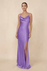 Sheath Cowl Neck Satin Bridesmaid Dress With Slit in Lilac - KISS BRIDAL Bridesmaid Dresses