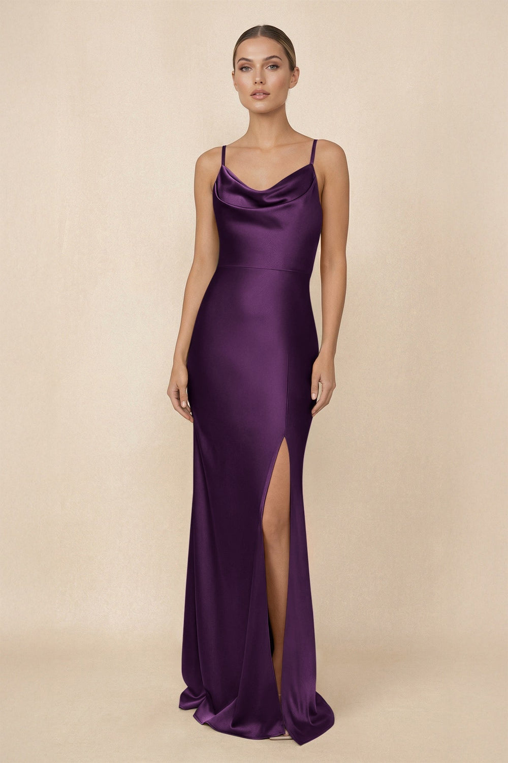 Sheath Cowl Neck Satin Bridesmaid Dress With Slit in Plum