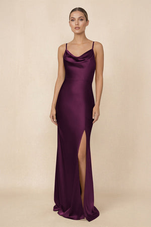 Sheath Cowl Neck Satin Bridesmaid Dress With Slit in Sangria - KISS BRIDAL Bridesmaid Dresses