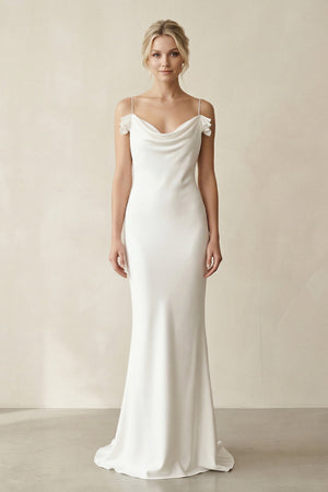 Sheath Cowl Neck Satin Maxi Wedding Dress in White - KISS BRIDAL Wedding Dresses