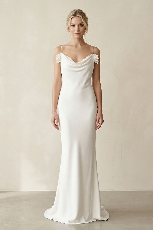 Sheath Cowl Neck Satin Maxi Wedding Dress in White - KISS BRIDAL Wedding Dresses