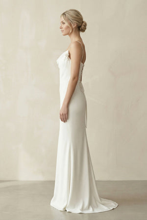 Sheath Cowl Neck Satin Maxi Wedding Dress in White - KISS BRIDAL Wedding Dresses
