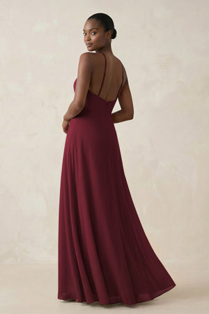 Sheath Halter Chiffon Bridesmaid Dress with Slit in Berry (2) | KISSBRIDAL