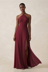 Sheath Halter Chiffon Bridesmaid Dress with Slit in Berry | KISSBRIDAL